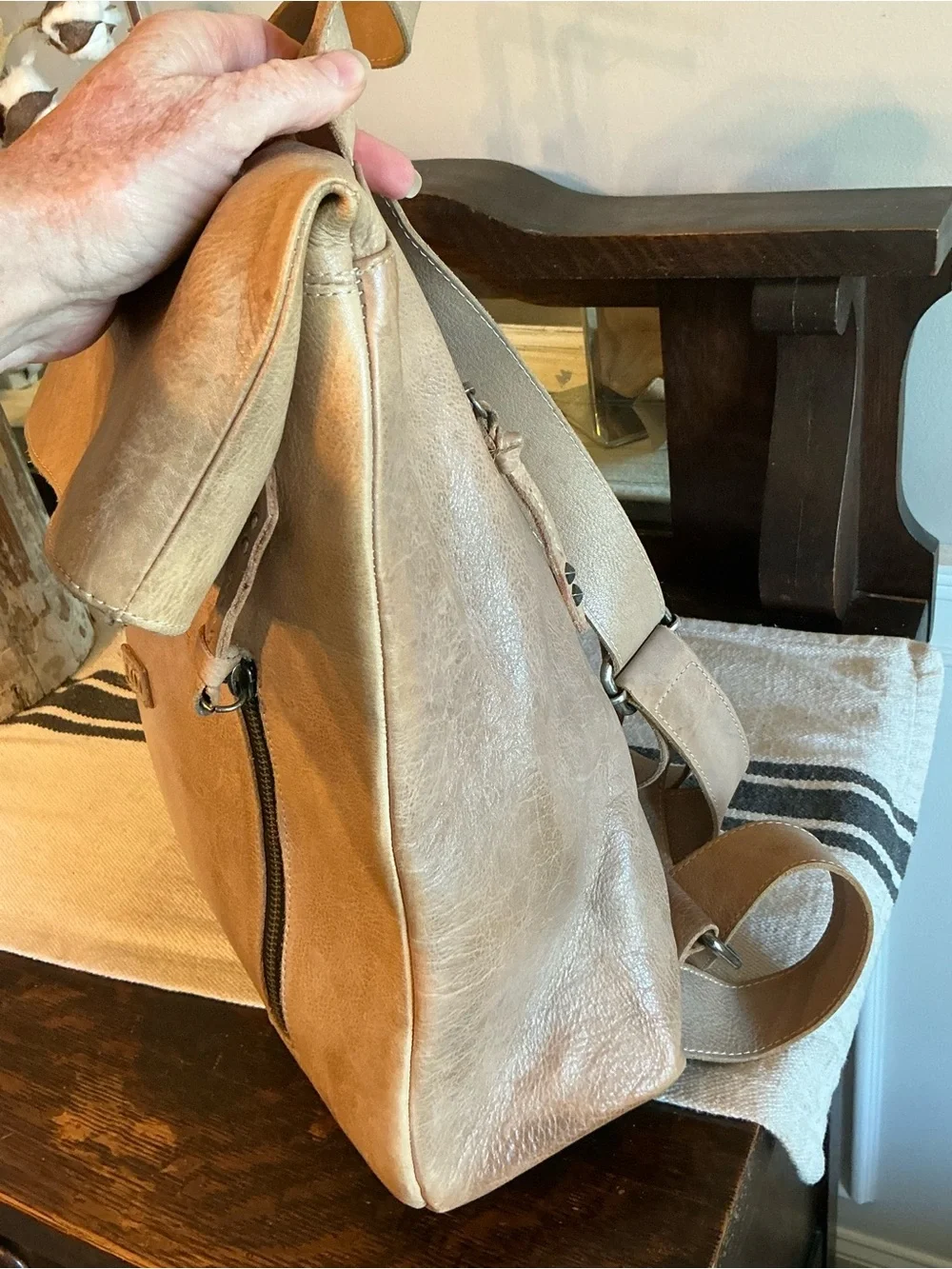 Bed Stu Leather Howie Flapover Leather Backpack Lt Gray Glove Brown $365